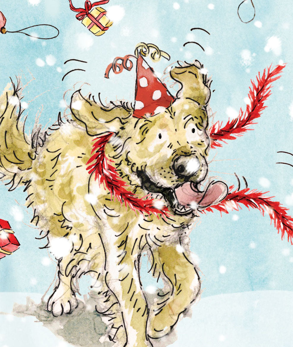Nugget the Golden Retriever in the snow Christmas card pack of 10