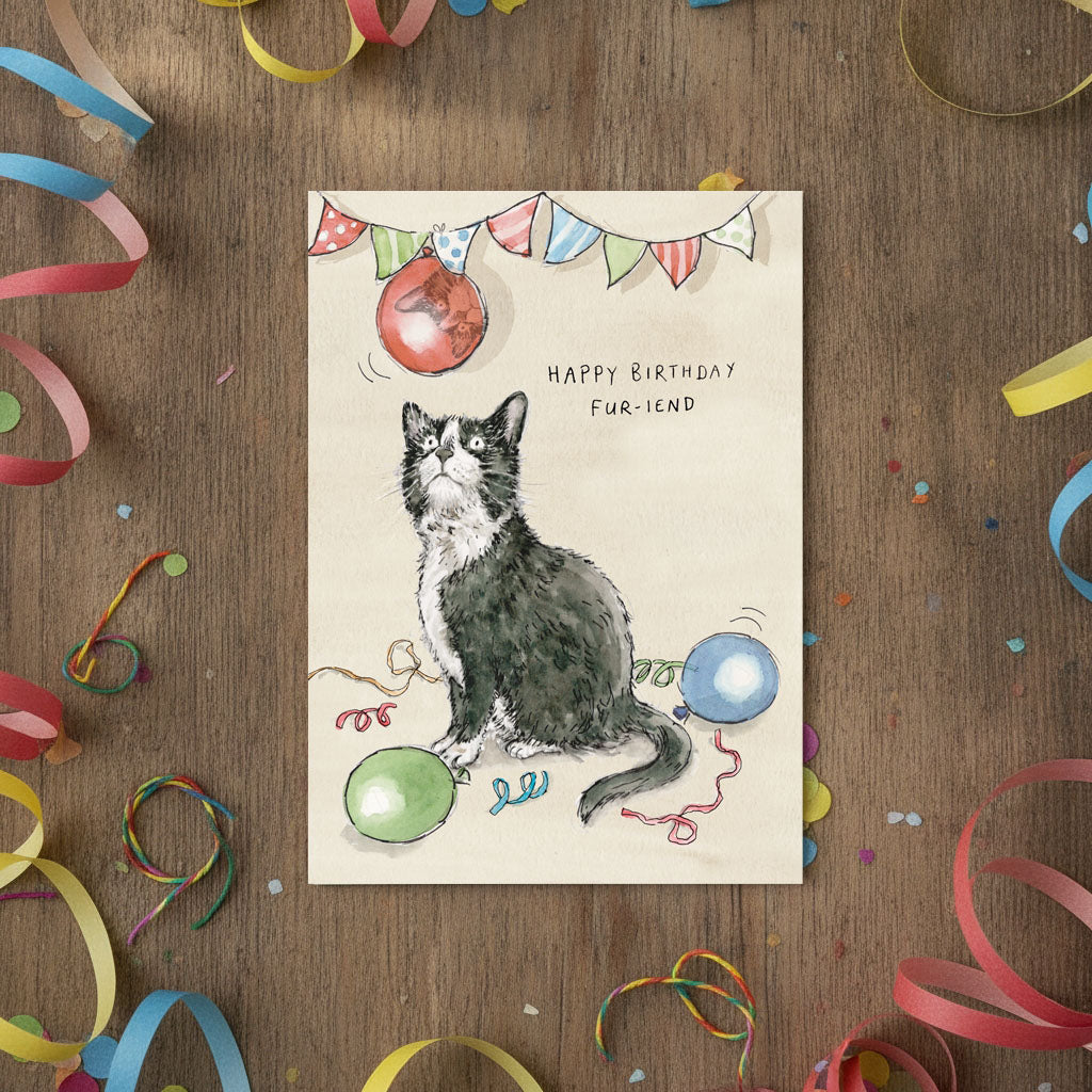 Juno the black and white Cat birthday card