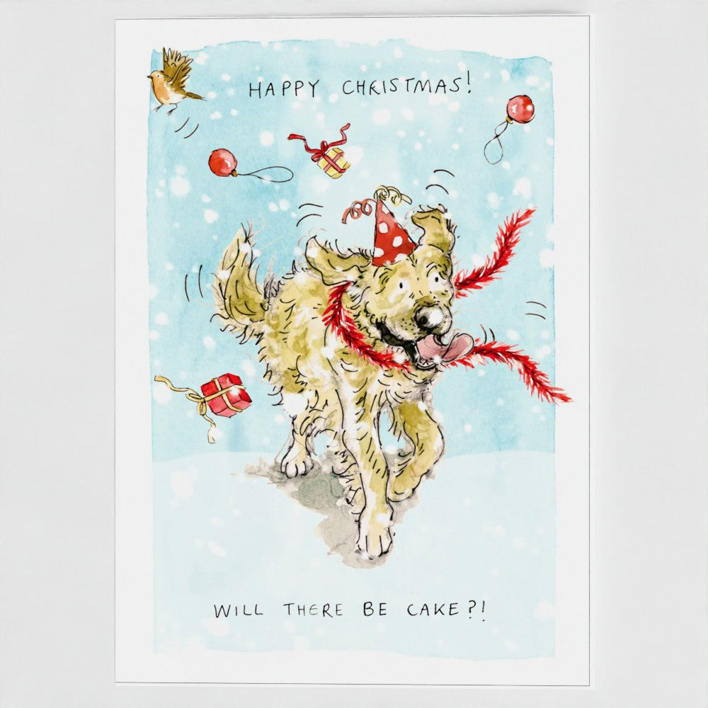 Nugget the Golden Retriever in the snow Christmas card pack of 10