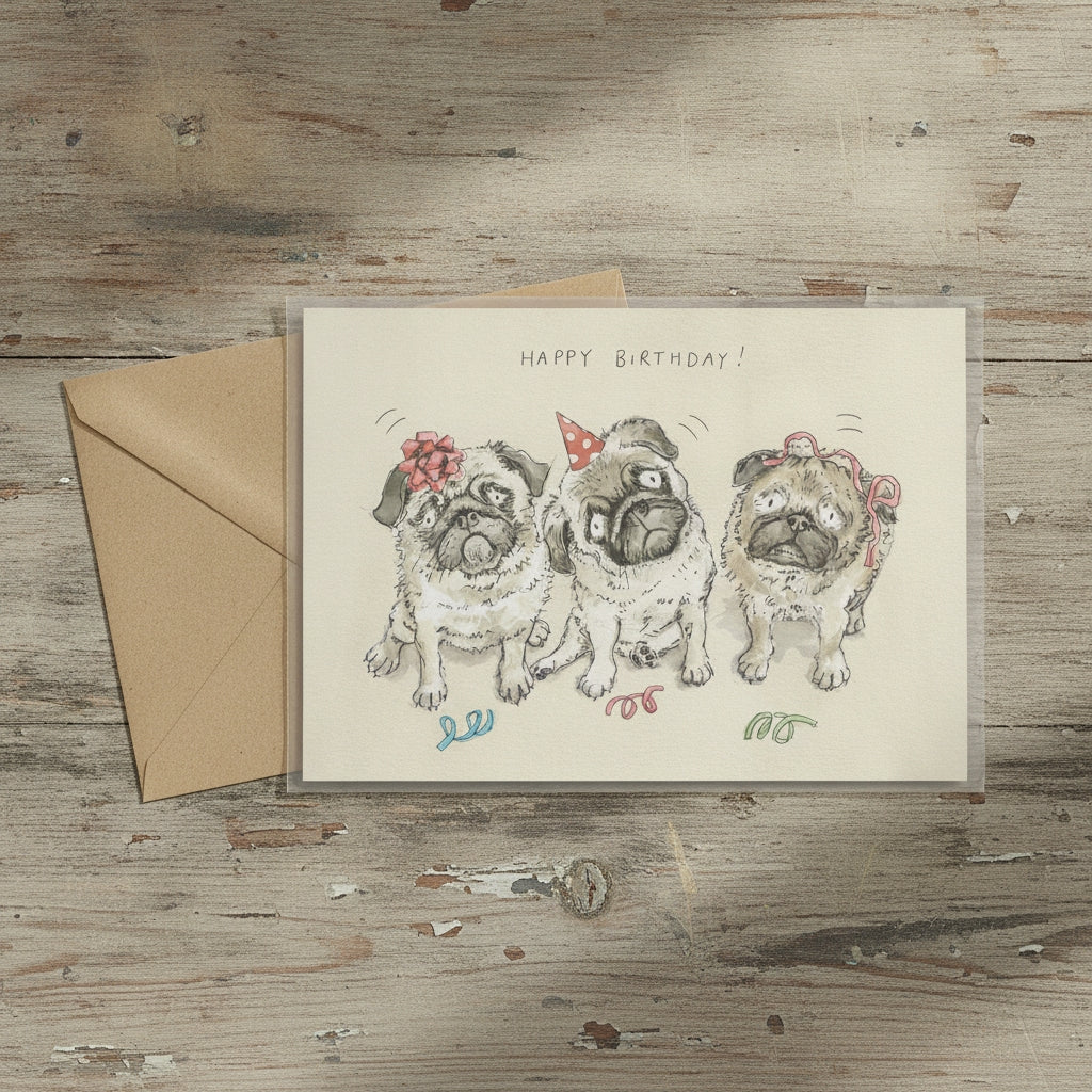 Meatball, Waffle & Noodle - Pug Birthday Card